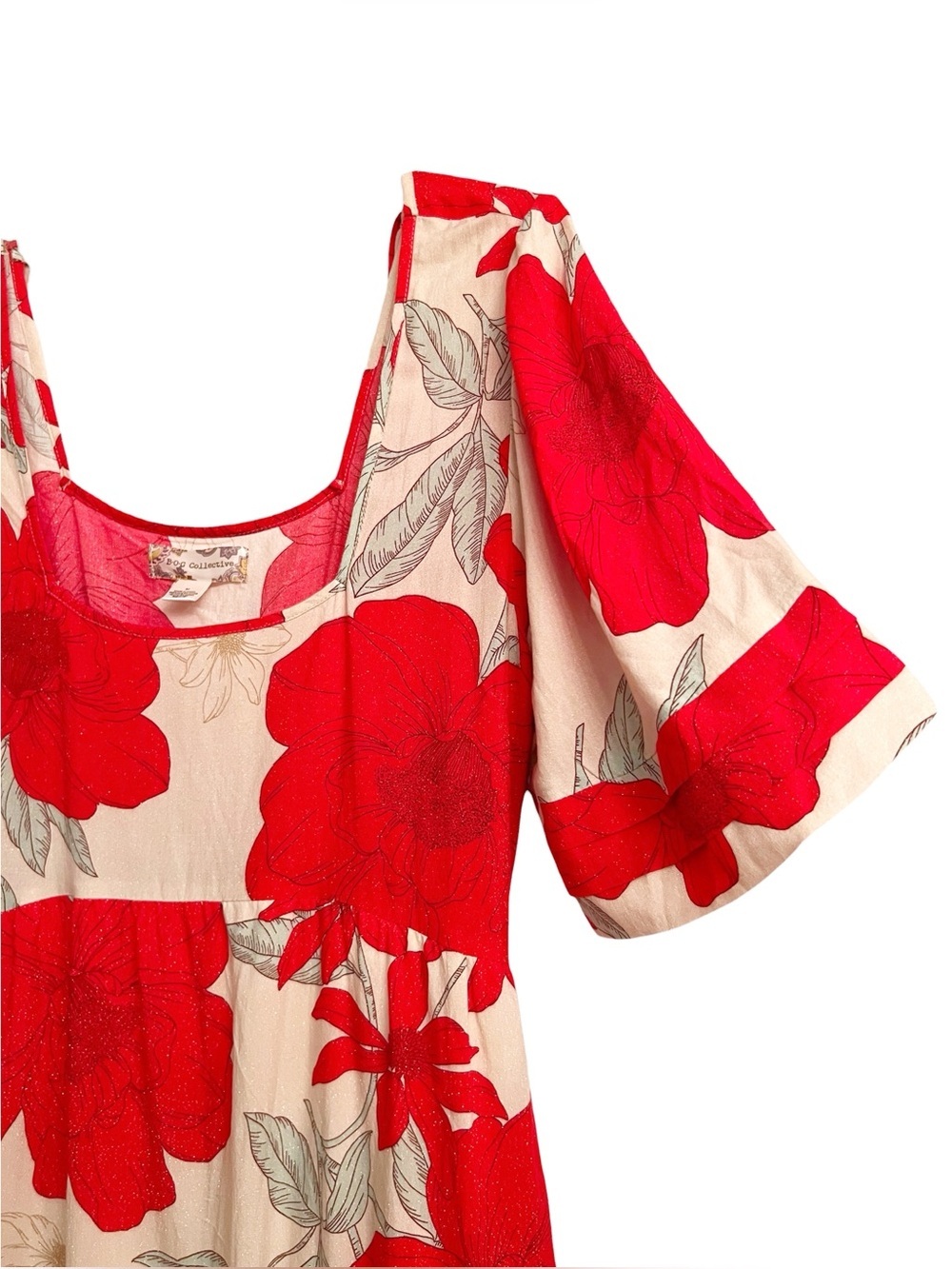 B.O.G Collective Floral Red/Cream Poppy Print Square Neck Ruffle Hem Mini Dress - Picture 4 of 7